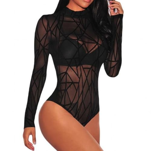 BKEPDY Body Mujer Sexy Mesh Bodies Vestir Manga Larga Elegante Mono de Negro Mujer Clásico Bodysuit Jumpsuit Suave Cálida Tops(L)