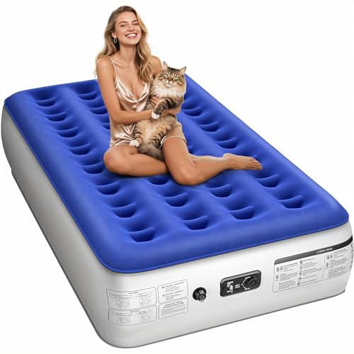 Xsleep Twin Air Mattress with Built in Pump Luxurious Comfort Raised Inflatable Mattress Twin Airbed Blow Up Mattress for Home and Guests 75'*39'*13' Air Bed 2 Minutes Fast Inflate/Deflate 330 lbs Max