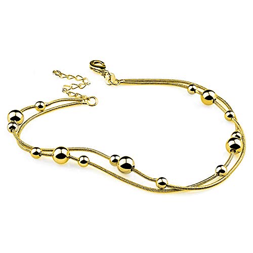Kim Johanson Bracelet de cheville pour femme en acier inoxydable doré avec boules mobiles et fermoir mousqueton extra solide avec pochette à bijoux Cover