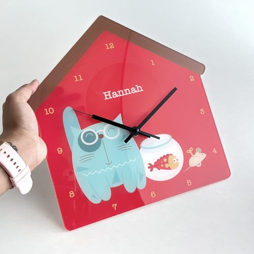 Image of Zooboo Personalized Analog Wall Clock, Custom Name Acrylic Silent Quartz Movement Wall Clock with Sleek Modern Design, Ideal for Birthdays or Return Gifts (Design - Kitty Cat), 30x30 cm, Multicolor