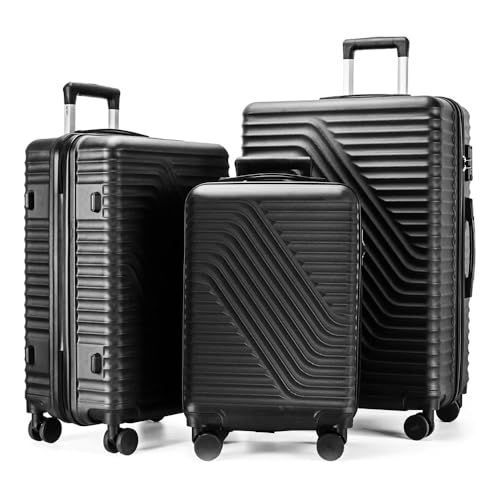 RUIE Luggage Sets 3 Piece Hardshell Luggage Sets with Spinner Wheels, Suitcase Set Lightweight TSA Lock Hardside Travel Luggage Set, Black (20in/24in/28in)