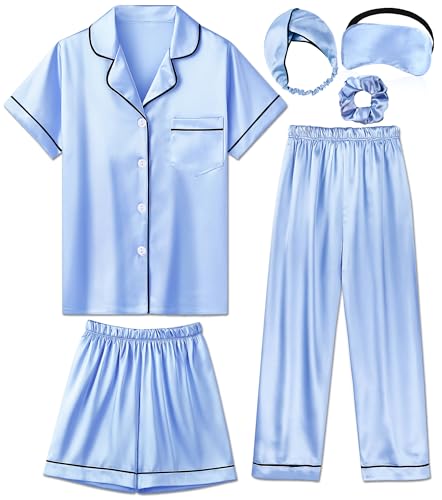 ALHAVONE Silk Pajamas for Girls Satin Pajama Kids 3 Pieces Short Sleeve Girl Button-down Pjs Shorts Pants Sleepwear (Dusty Blue 11-12 Years)