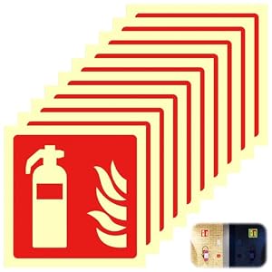 10 Stück Set Feuerlöscher Schild 10x10 cm nachleuchtend - Selbstklebende PET Aufkleber langnachleuchtend, UV-beständig, Hinweisschilder Feuerlöscher Piktogramm für Haus, Baustelle, Betrieb, Auto