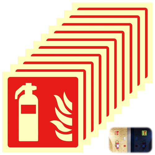 10 Stück Set Feuerlöscher Schild 10x10 cm nachleuchtend - Selbstklebende PET Aufkleber langnachleuchtend, UV-beständig, Hinweisschilder Feuerlöscher Piktogramm für Haus, Baustelle, Betrieb, Auto