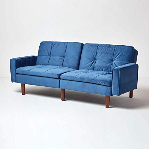 HOMESCAPES Velvet Sofa Bed Navy Blue 3 Seater Sofa with Armrests Click Clack Bed Sleeper Retro Range ‘Murphy’ Bed Settee on Wooden Legs for Study Guest and Living Room