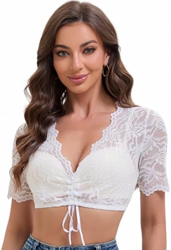 Goxozzy Dirndl Bluse Damen Trachtenbluse Oktoberfest Elegant V Ausschnitt Spitze Kurzarm Weiß Größen 34-44