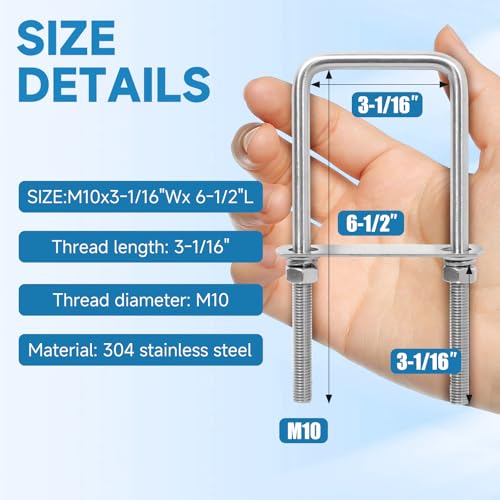 Image of M10 Square U-Bolts 4 Sets 304 Stainless Steel Axle U Bolts Fits 3 Inch Wide Trailer Leaf Springs Include Wrench (M10x3-1 /16 Wx 6-1 /2 inchL)