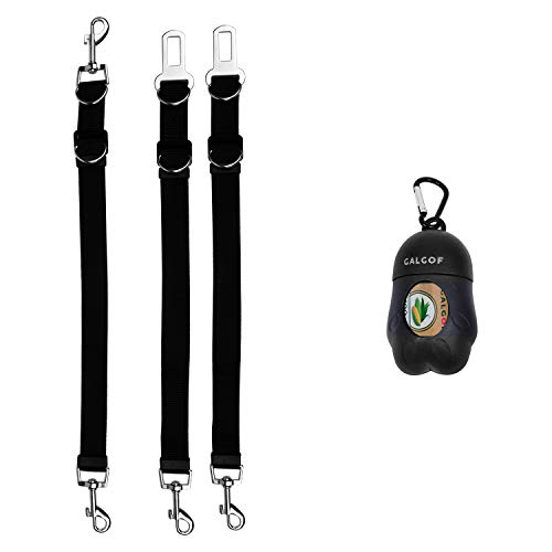 2 Cinturones de Coche para Perro + 1 Correa para perro Doble Gancho Ajustable + 1 Dispensador de Bolsas para Excrementos. GALGOF Accesorios de Seguridad en el viaje de tu Mascota