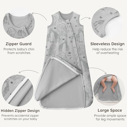 Image of Baby Sleep Sack 6-12 Months 0.5 Tog Baby Wearable Blanket 100% Cotton Sleeping Sack with 2-Way Zipper for Newborn Infant Apricot Gray Elephant