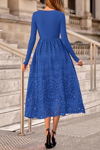 dowerme Women Spring Dresses 2026 Casual Long Sleeve Crewneck A-Line Boho Eyelet Cotton Maxi Wedding Guest Dress Pockets(Blue,Small) — view 5