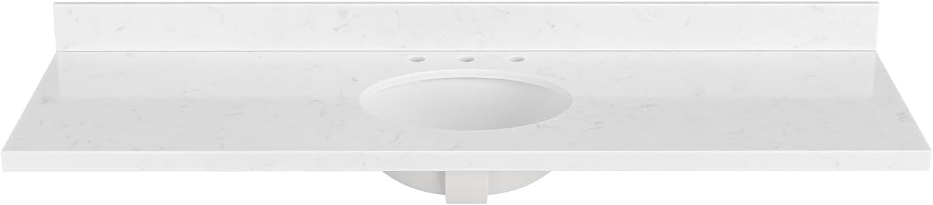 ARIEL 66 inch bathroom vanity top with sink, 1.5 Inch Thick Miter Edge Carrara White Quartz top, Oval Single Porcelain Sink, Includes Backsplash