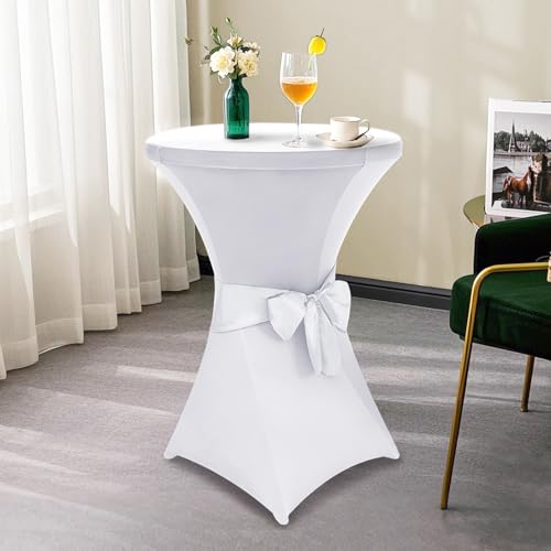 Alishomtll 6er Set Stehtisch Hussen mit Schleife, Ø70cm Stretch Stehtischhussen, Elegante Elastische Tisch-Überzug Hussen für Bistrotisch Runde Stehtisch Bankett Hochzeit (Ø70x110cm, Weiß)