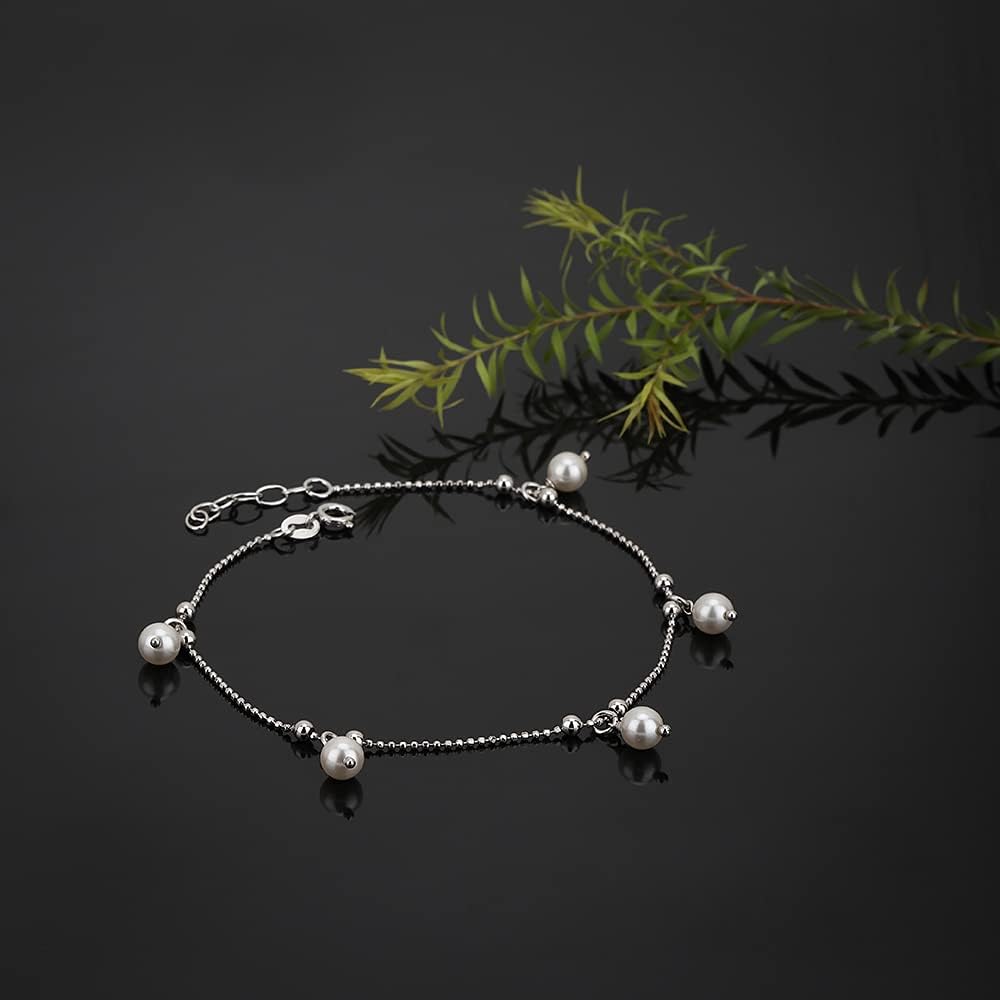 Vanbelle Sterling Silver Jewelry - Rhodium Plated with 925 Stamp - Dangling Multi-Beaded Anklet - Elegant Handcrafted Beautifully Deisgned Anklet for Women - 9" Long + 1" Extender - Image 6