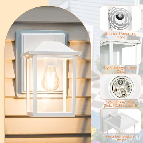 Image of MATAMEYE Outdoor Wall Light Fixture, Exterior Waterproof Porch Lighting | White Patio Wall Lantern, Anti-Rust, Clear Glass, E26 Socket, Wall Mount Sconce Lighting, Outside Front Door Light Entryway