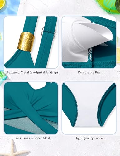 Image of Girls Swimsuit Criss Cross One Piece Swimsuits Wrap Tie Back Sheer Mesh Bathing Suit with Gold Metal Swimwear 9-16Y