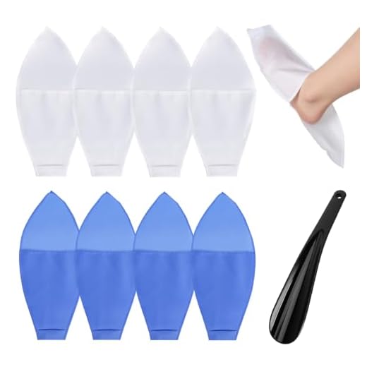 Pack of 8 Sock Dressing Aid for Compression Stockings with Open Toe Stocking Aid Foot Glider Socks Dressing Aid Seniors with Shoe Horn 4 White 4 Blue