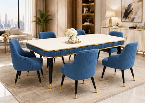 Image of WOODEN SPACE 6-Seater Wooden Dining Table Set | Nano Composite Marble Top | Solid Wood Base | Modern Dining Room Furniture with 6 Chairs (Blue Zyro)