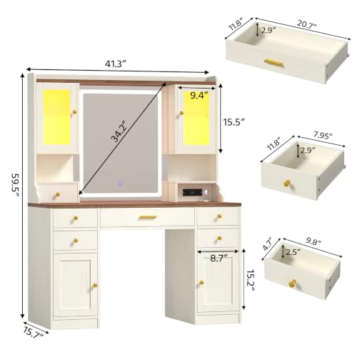 Image of Makeup Vanity Desk with Lighted Mirror and RGB Cabinets, Farmhouse Vanity Desk with Charging Station, Large Vanity Table with 6 Drawers, Vanity Mirror with Lights Desk with Storage Shelves for Girls