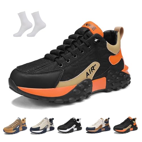 LOVEWLVNCL Men's Orthopedic Comfort Sneaker 2025 Casual Waterproof Breathable Non Slip Slip-On Lightweight Tennis Sneaker Orthopedic Walking Running Shoes Arch Support(Black Orange,43 EU)