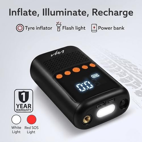 Image of Vega Portable Cordless Digital Tyre Inflator for Car, Bike, Sports Balls & Inflatables | 150 PSI Air Compressor | 4000mAh Battery | LED Flashlight, Power Bank, Rechargeable Type-C, SOS Signal | Black