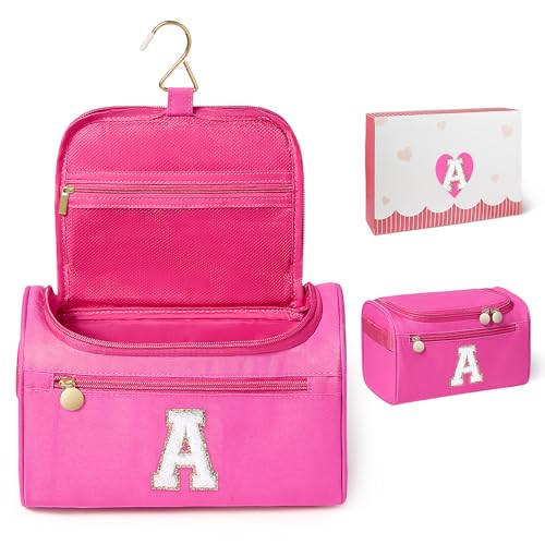 COSHAYSOO Initial Girls Hanging Toiletry Bag Tween Preteen Teenager Valentines Birthday Gifts Basket Stuffers for Teen Girl 10-12 12-14 16-18 Travel Trip Favors College Dorm Essentials Pink Letter A