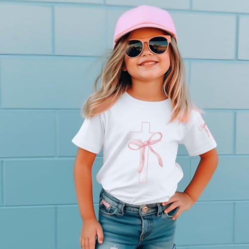 Image of Girls Cute Christian Shirts Kids Pink Bow Shirt Jesus God Faith Tshirts Aesthetic Cross Bible Verse Graphic Tee Tops