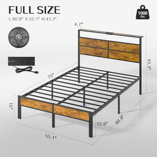 Image of Liians Full Size Bed Frame, Full Bed with Charging Station Headboard and LED Lights, Platform Bed with Metal Slats, No Box Spring Needed, Noise Free, Easy Assembly