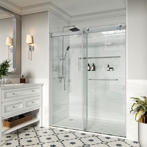 FEKEWIO Shower Doors Double Sliding 56-60" W x 76" H Width Adjustable 5/16"(8mm) Easy Clean Tempered Glass Door Frameless Stainless Steel Hardware (Brushed Nickel)
