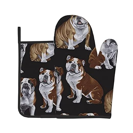 Ugnsvantar engelska bulldoggar tryck ugnshandskar grytlapp set två delar för mikrovågsugn grill baka grill