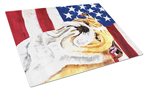 Caroline's Treasures SC9002LCB USA American Flag with Bulldog English Glass Cutting Board Large Decorative Tempered Glass Kitchen Cutting and Serving Board Large Size Chopping Board