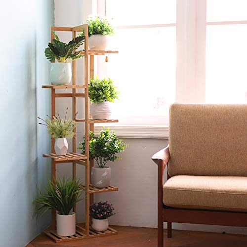 Unho 7-Potted Bamboo Plant Stand: Tall Flower Pot Rack Wooden Planter Holder Corner Display Shelving Unit For Patio Garden Yard Living Room #TOP3