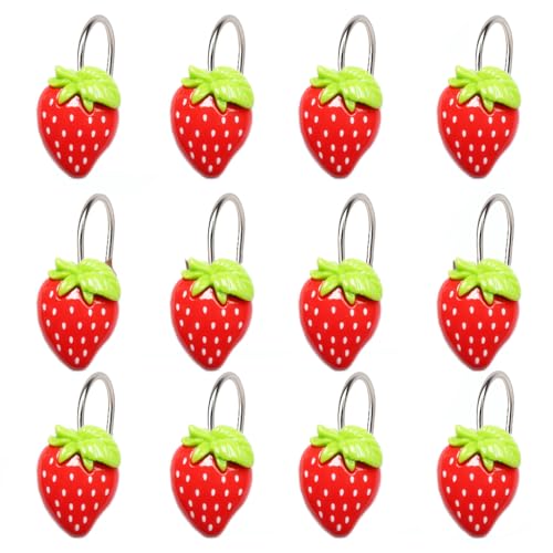 Image of 12-Piece Strawberry Shower Curtain Hooks, Decorative Resin Fruit Shower Curtain Rings, Suitable for Bathroom Decor, Compatible with Standard Shower Curtain Rods