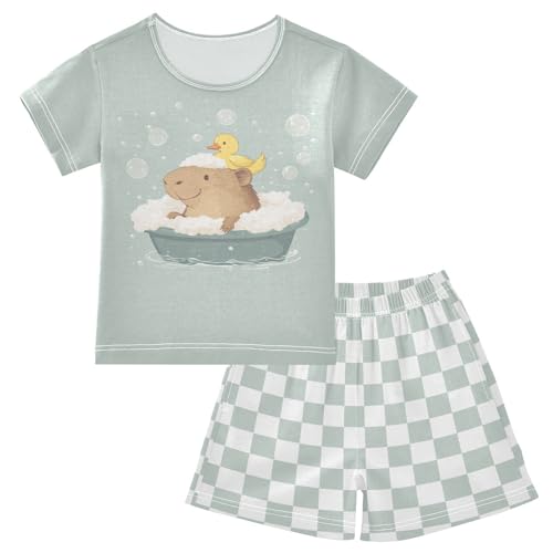 Checkerboard Plaid Duck Bath Bubble Teal Pajama Set Short Sleeve PJS 2 Piece Summer Pajamas Shorts Sets Cotton 5Y