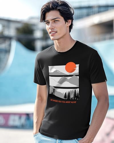 Image of Bewakoof Men's Feel Most Alive Printed 100% Cotton T-Shirt - Regular Fit, Round Neck, Half Sleeves
