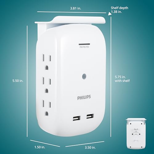 Philips 6-Outlet Extender 2-USB Surge Protector, Side Access Adapter, Wall Tap, Removable Device Shelf, Protected Indicator Light, 450J, 2 Pack, White, SPS6026WA/37 by Philips - Image 6