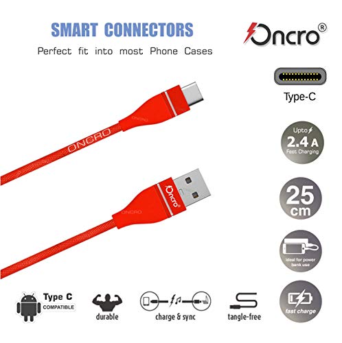 Image of RED Indestructible Data Cable Fast Charging, Short mini Small 25 cm Nylon Braided Power Bank Cable for Type c oneplus 6, 7, 8, Galaxy s 9 + Note 8, lg Moto g7 6 5, Charge & sync 2.4A max