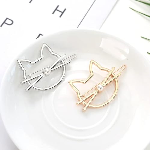Hllmx 4 Pcs Kitty Cat Hair Barrettes Women Hair Clips Metal Novelty Pearl Cat Shaped Hair Clips Gold & Silver Hollow Geometric Metal Hair Clip For Party Casual And Valentines Hair Accessories #TOP2