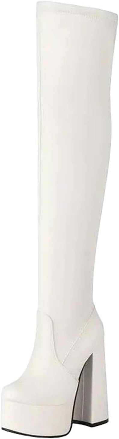 Women's Over-The-Knee Platform Boots With A Round Toe And Super High Block Heel Featuring A Stretch Fit And Side Zipper