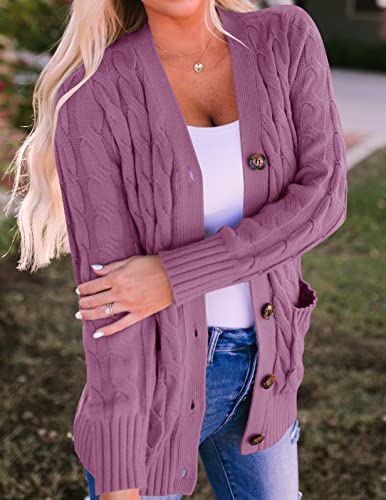 Zesica Women's Casual Long Sleeve Button Down Open Front Cable Knit Cardigan Sweater Coat,Purple,Small #TOP3