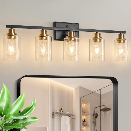 Image of Unicozin Modern Bathroom Light Fixtures, 5 Light Vanity Lights Over Mirror, Black and Gold Wall Lamp with Clear Glass for Living Room Cabinet Bedroom Porch
