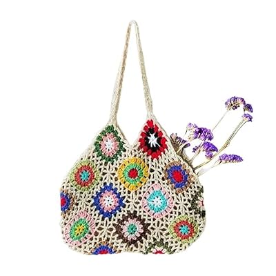 Borsa uncinetto Borsa a tracolla floreale all'uncinetto fatta a mano da donna, grande capacità, borsa lavorata a maglia, alla moda, vintage, cava per le Vacanze Giornaliere(Khaki)