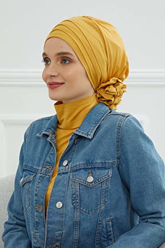 Aisha's Design Instant Turban Head Wrap with Crosswise Style, Pretied Combed Cotton Scarf Hijab for Women, Mustard Yellow