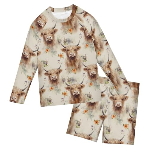 Highland Cow Animal Baby Boys' Toddler Long Sleeved Rashguard Swim Bathing Suit Set B0403016
