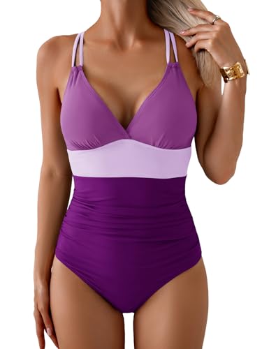 Image of Aidonger Women's One Piece Color Block Swimsuit Tummy Control Slimming Bathing Suit V Neck Cutout High Waisted Swimwear