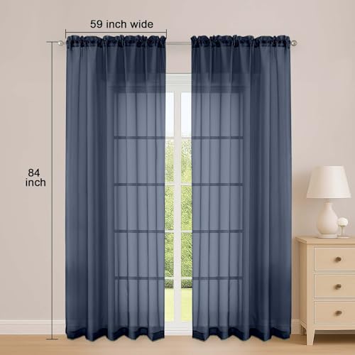 Image of OWENIE Sheer Curtains 84 Inches Long 2 Panels Set, Sheer Navy Blue Curtains for Living Room Bedroom 59 Inch Extra Wide, Modern Voile Filmy Rod Pocket Drapes, 2 Pcs, Each 59 W x 84L, Navy Blue