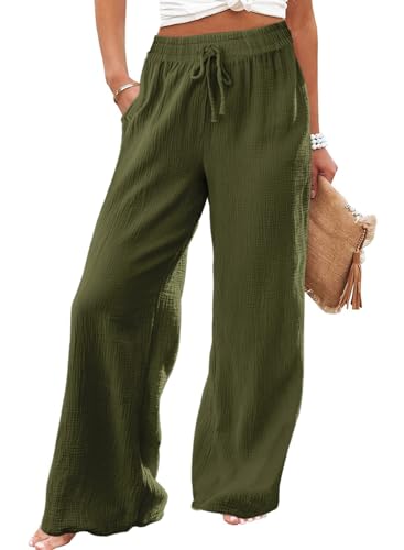 MARZXIN Women Linen Palazzo Wide Leg Pants Casual High Waist Stretchy Fall Loose Long Pants Trousers with Pockets
