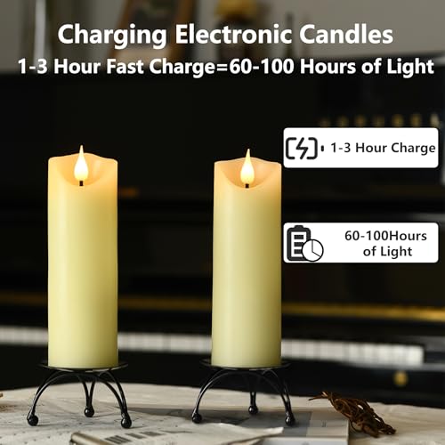 Image of Rechargeable Flameless Candles, 2 inch x 7 inch, ste of 2, Battery Operated Led Candles, Real Wax Candle with Remote and Timer, Ivory 3D Wick Pillar Candle for Home Fireplace, Wedding Decoration
