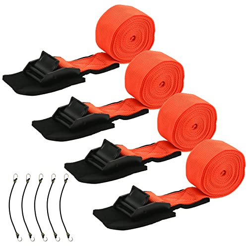 4 cinghie di tensione 3,2 cm x 2,5 m, cinghie di ancoraggio con chiusura a morsetto, portata: 250 kg, set con cinque elastici per portabici, moto, auto (arancione, 3,2 cm x 2,5 m)