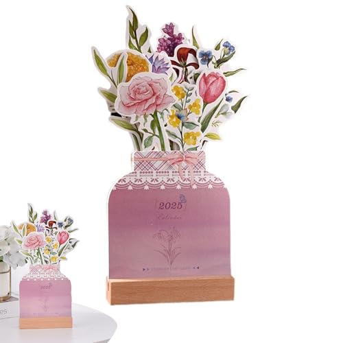 Bloomy Flowers Deskカレンダー - 2025年の月額スタンディングカレンダーかわいい装飾デスクトップディスプレイ|毎日のメモページを備えた木製ベース、家庭教室のオフィス用のコンパクトオーガナイザー