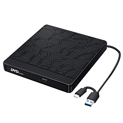 External CD DVD Drive USB3.0 Type-C, Portable CD DVD + -RW Optical Drive Burner (Wavy Appearance DVD)